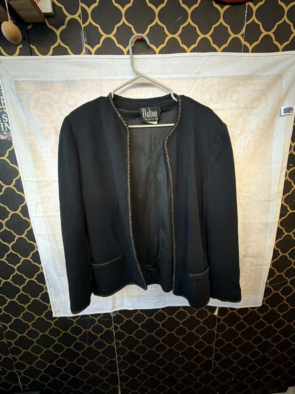 Dalton Open Front Knit Jacket Black 100% Virgin Wool Trimmed Pockets